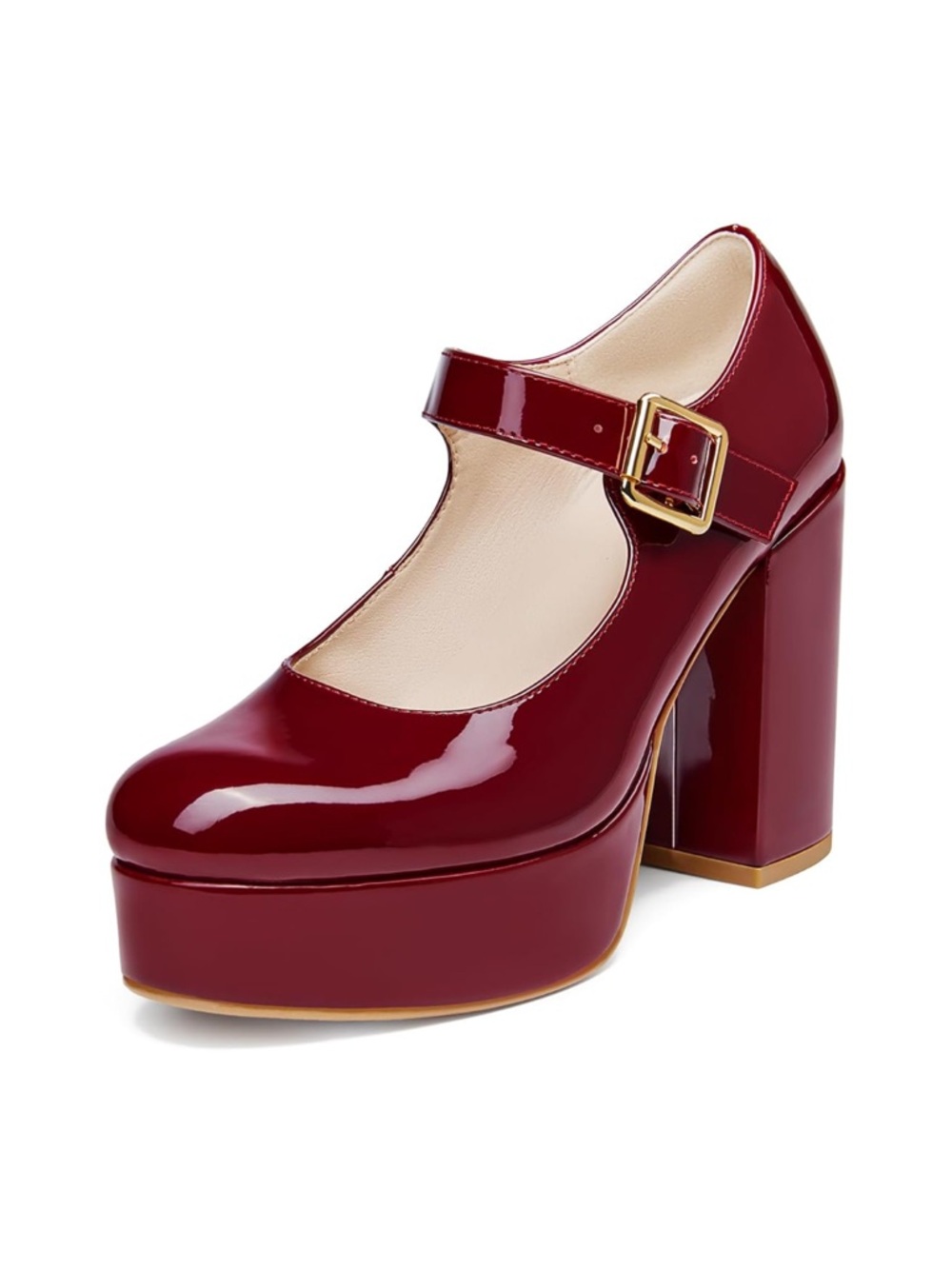 Coutgo Womens' Round Toe Chunky Platform Heels Patent Mary Jane Dress Shoes -Red